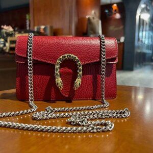 N16 Slightly Used Gucci Dionysus Leather Chain Shoulder Bag Red Mini